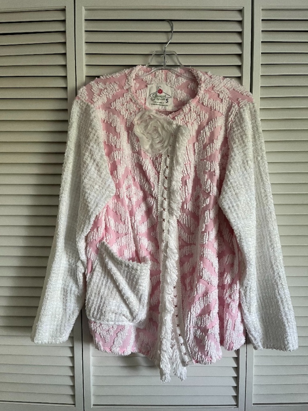 Vintage Salvaged Threads chenille jacket women’s small pink, white & beige